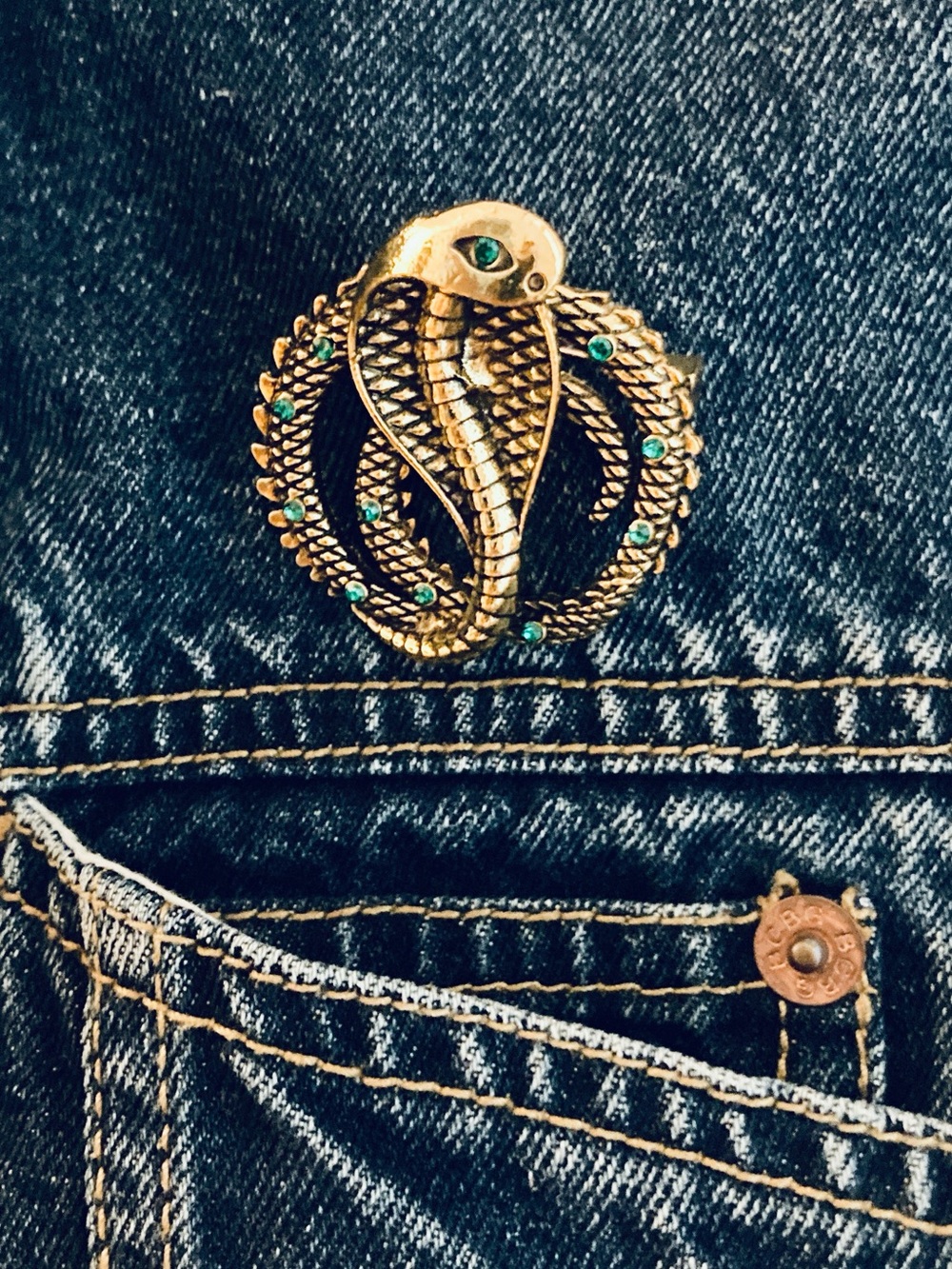 Vintage Gold Cobra Brooch with Green Stones